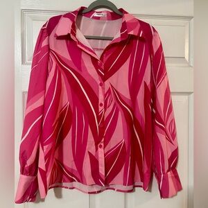 Zeagoo Pink and Red Leaf Pattern Button Down Shirt